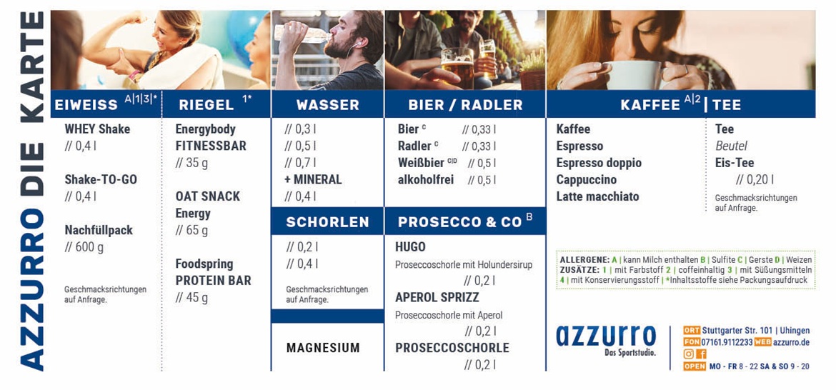 Ein Auszug aus der azzurro-Getränkekarte. Obend Fotos zu sehen, auf denen lachende Menschen Getränke konsumieren. Unten ist die Getränkeauswahl - ohne Preise - gelistet.