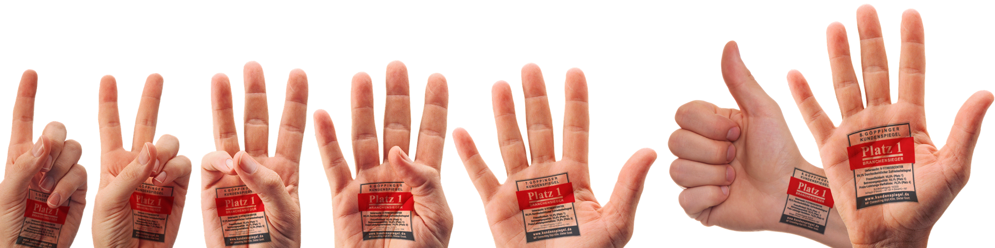 Hände zeigen die Zahlen von 1 is 6. Auf den Handflächen sind die Signets des Göppinger Kundenspiegels ausgedruckt.
