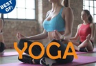 Junge Frauen sitzen in einem Kursraum im Schneidersitz. Im Vordergrund ist der Schriftzug YOGA eingeblndet.